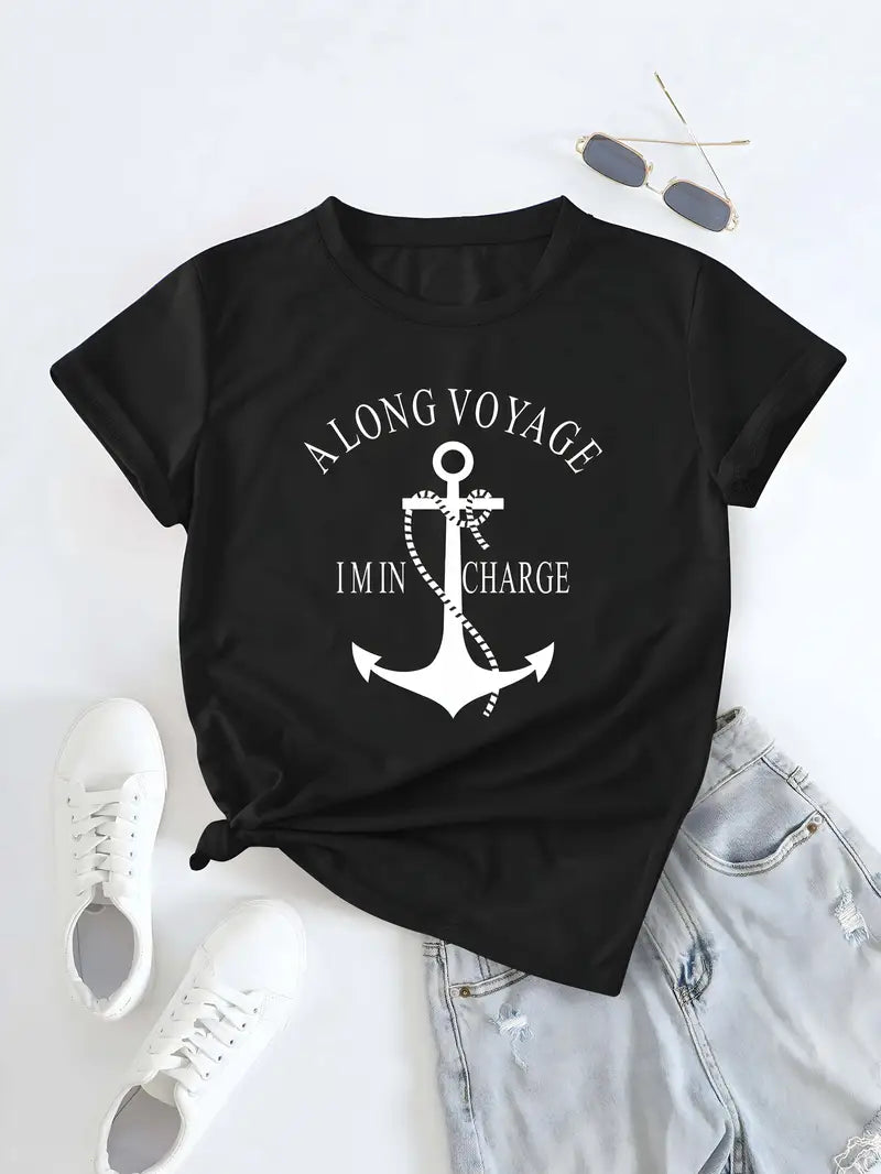 Anchor & Letter Print T-shirt, Short Sleeve Crew Neck Casual Top For Summer & Spring, Women's Clothing