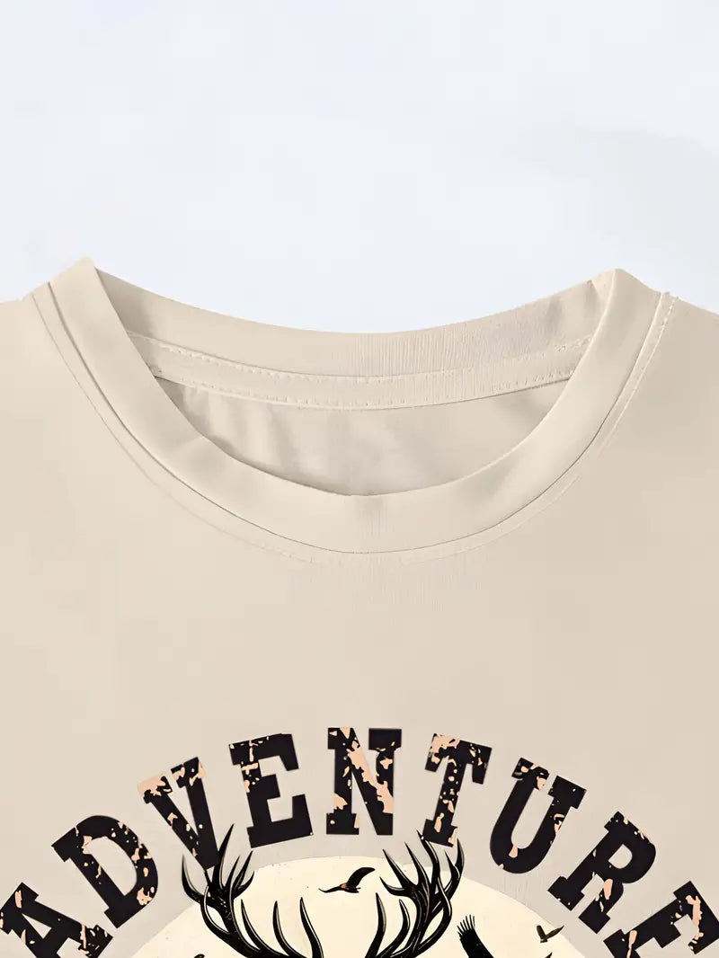 Elk & Letter Print T-shirt, Short Sleeve Crew Neck Casual Top For Summer & Spring, Women's Clothing