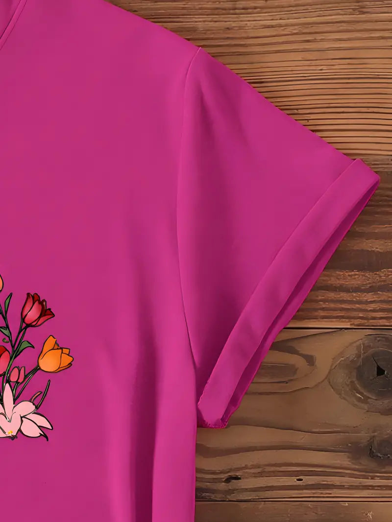 Floral Print T-shirt, Casual Crew Neck Short Sleeve Top For Spring & Summer, Women's Clothing