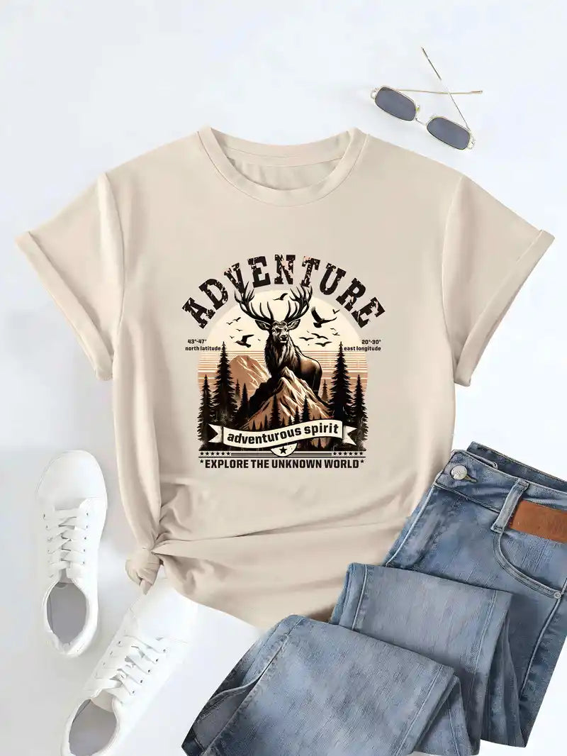 Elk & Letter Print T-shirt, Short Sleeve Crew Neck Casual Top For Summer & Spring, Women's Clothing