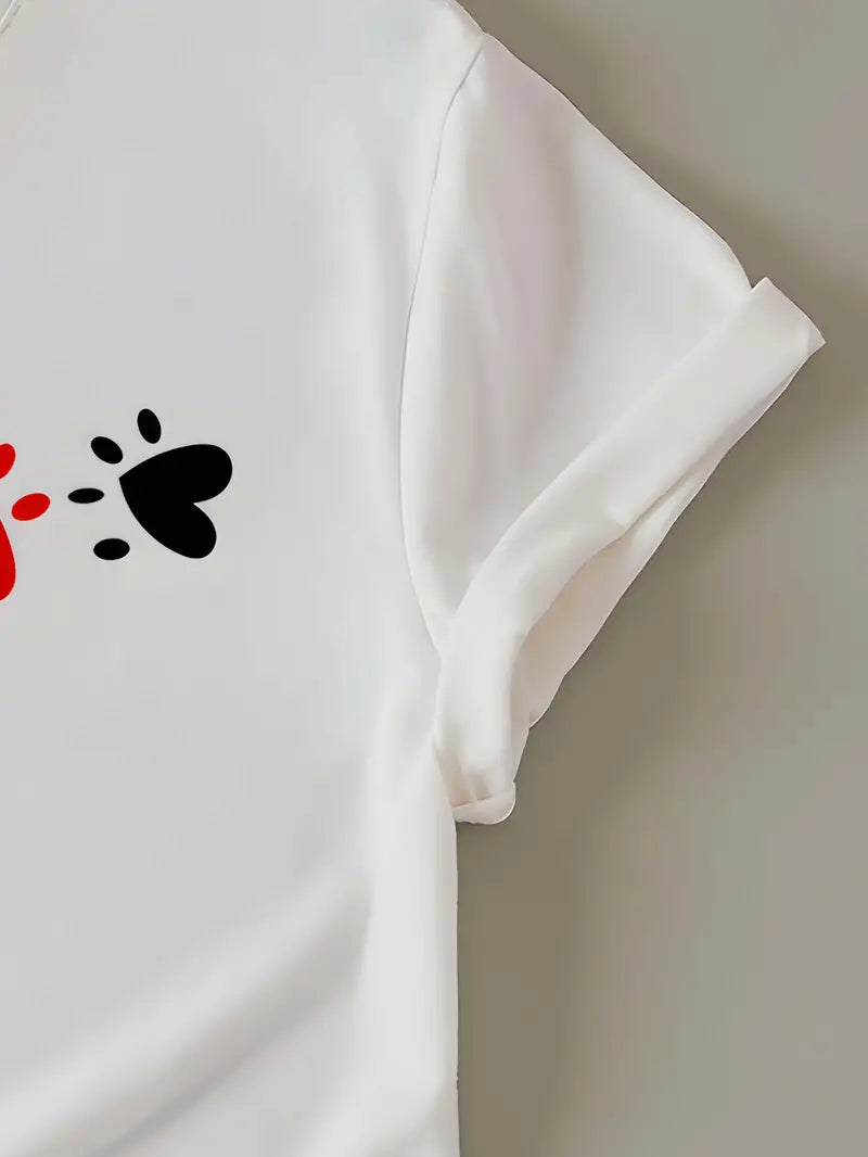 Heart Print T-shirt, Short Sleeve Crew Neck Casual Top For Summer & Spring, Women's Clothing