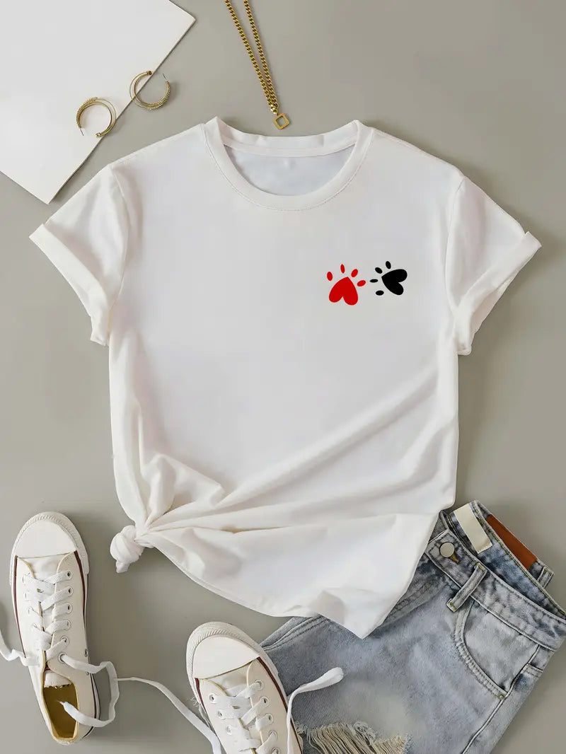 Heart Print T-shirt, Short Sleeve Crew Neck Casual Top For Summer & Spring, Women's Clothing