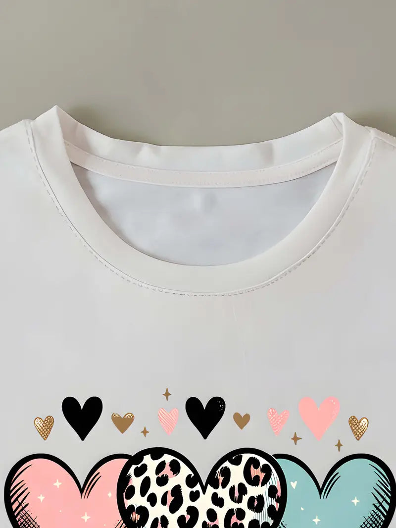 Heart & Love Print T-shirt, Short Sleeve Crew Neck Casual Top For Summer & Spring, Women's Clothing