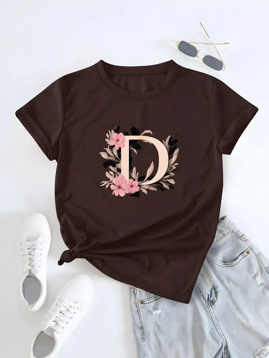 Letter D Print T-shirt, Casual Crew Neck Short Sleeve Top For Spring & Summer, Women's Clothing