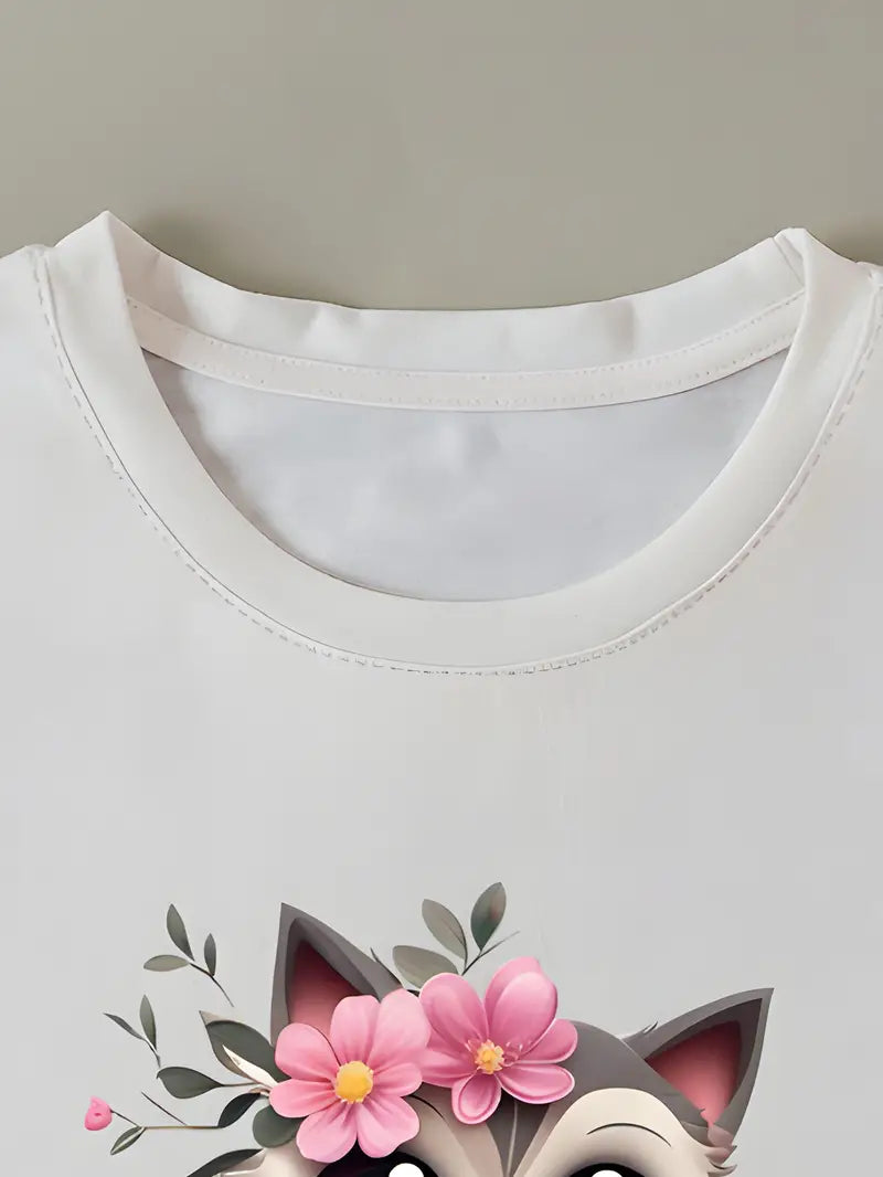 Cute Cartoon Animal Print T-shirt, Casual Crew Neck Short Sleeve Top For Spring & Summer, Women's Clothing