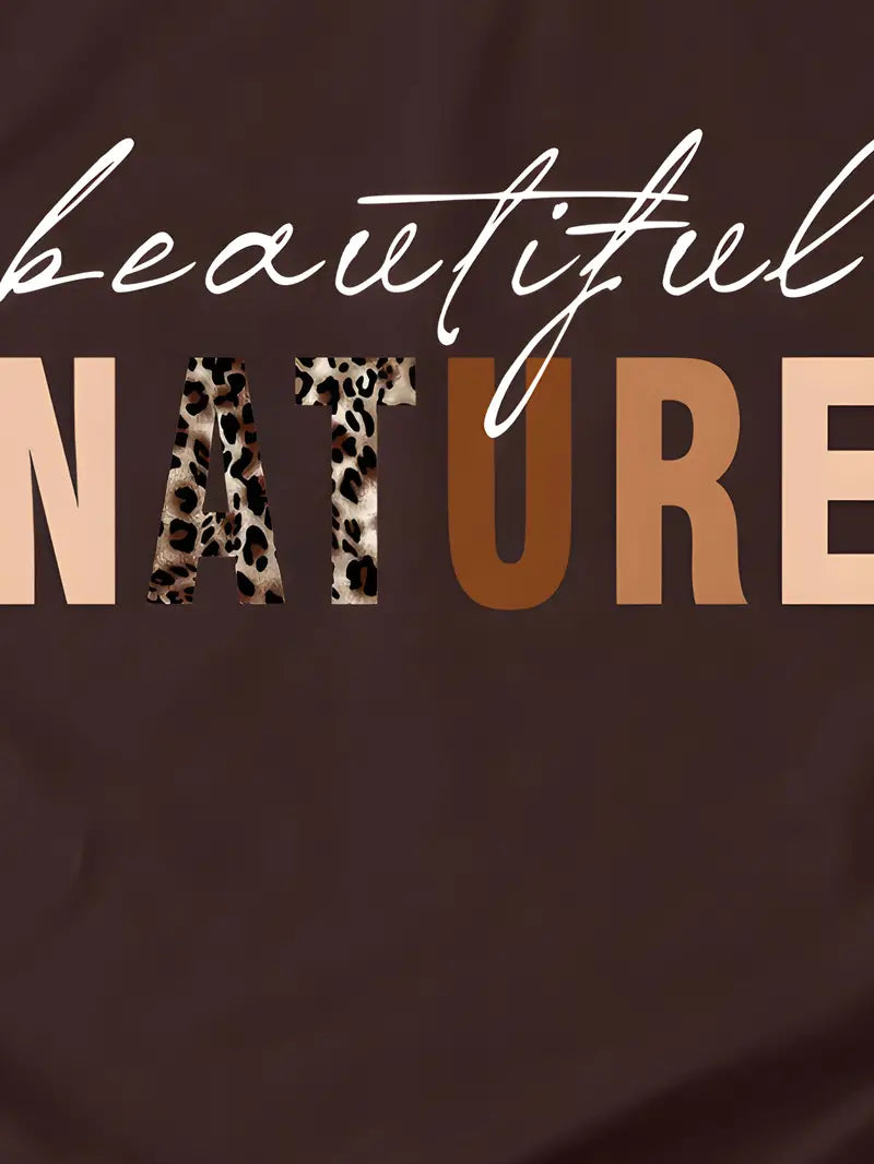 Leopard Letter Print T-shirt, Short Sleeve Crew Neck Casual Top For Summer & Spring, Women's Clothing