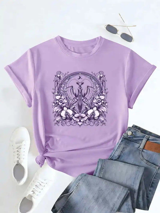 Insects & Floral Print T-shirt, Short Sleeve Crew Neck Casual Top For Summer & Spring, Women's Clothing