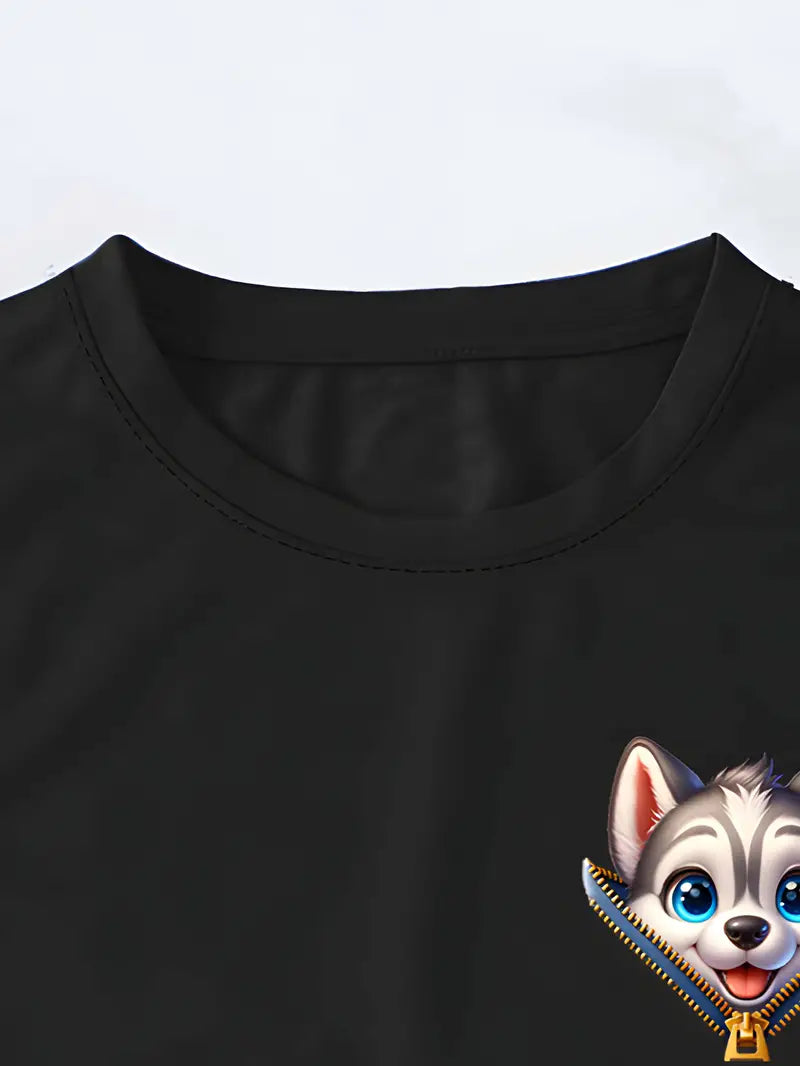 Cute Dog Print T-shirt, Short Sleeve Crew Neck Casual Top For Summer & Spring, Women's Clothing