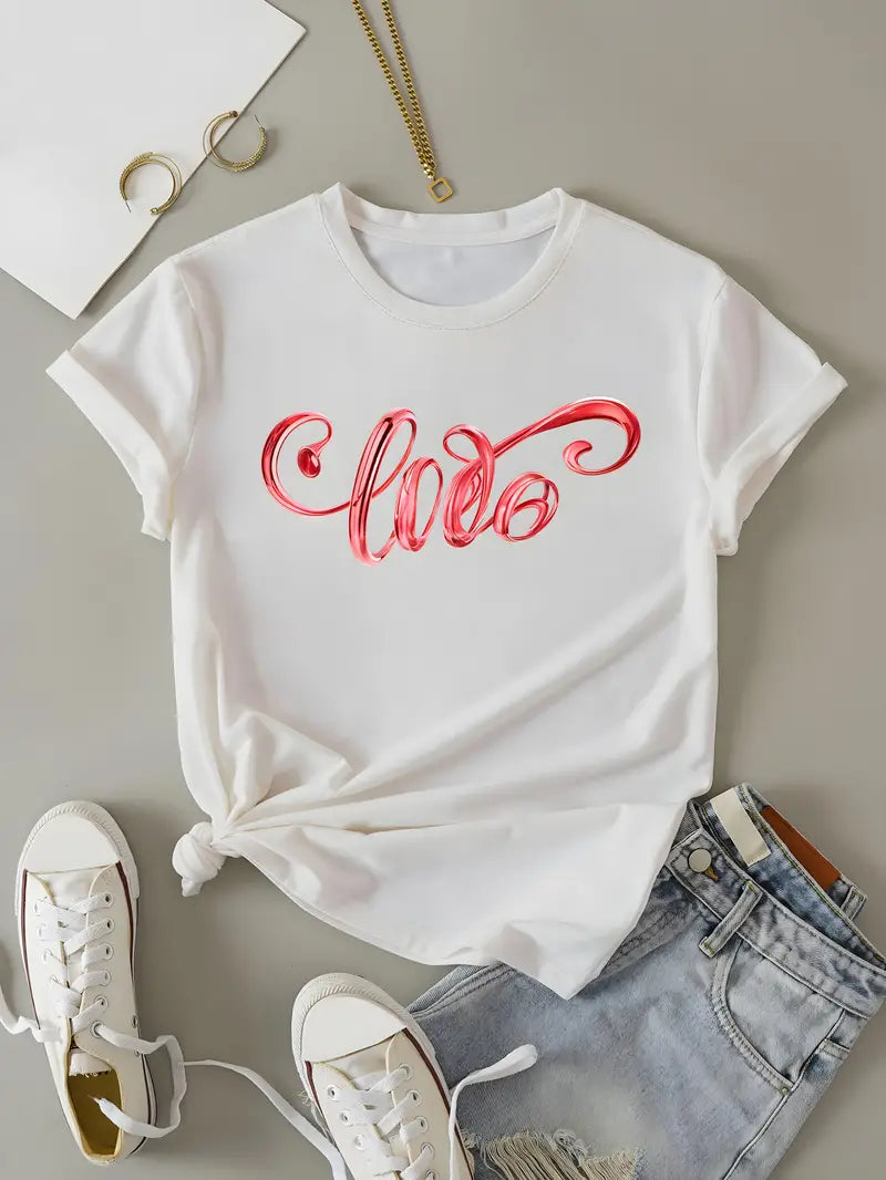Love Print T-shirt, Casual Crew Neck Short Sleeve Top For Spring & Summer, Women's Clothing