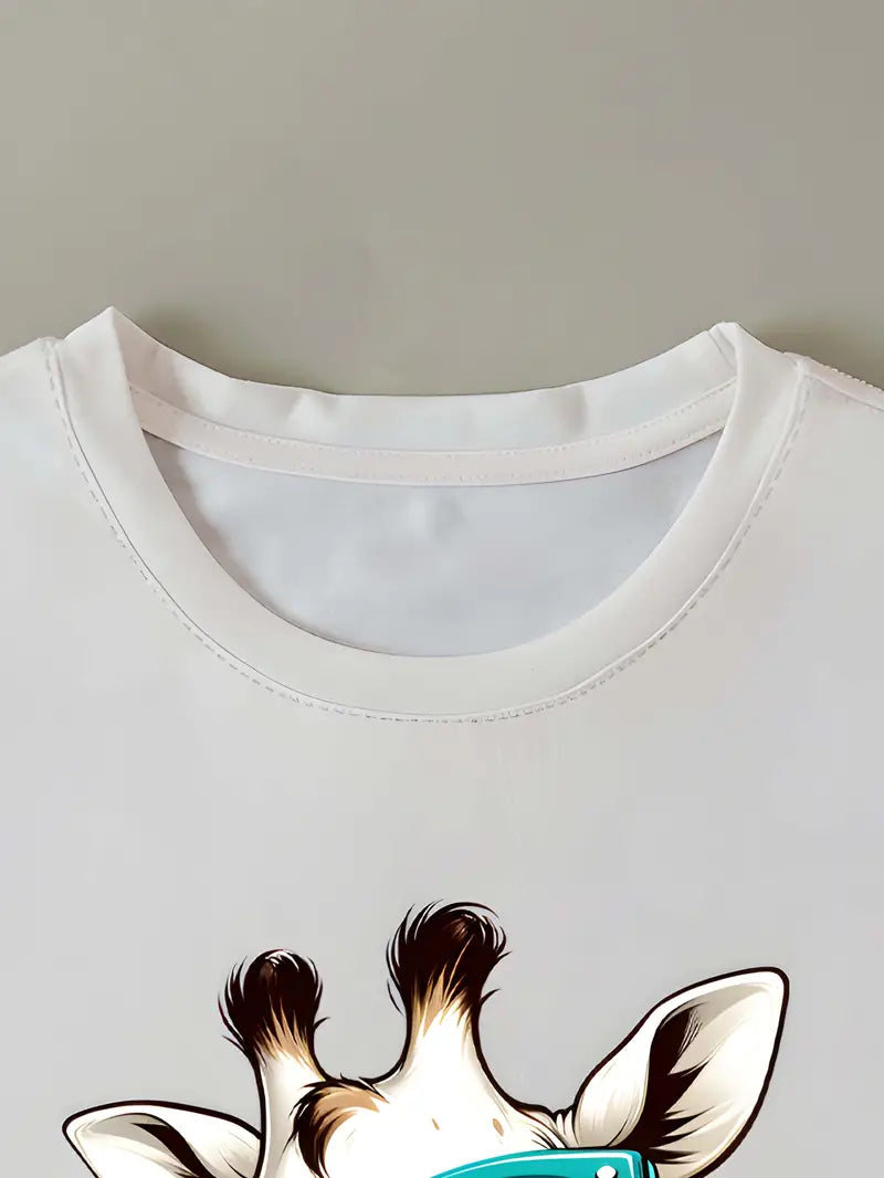 Cute Giraffe Print T-shirt, Short Sleeve Crew Neck Casual Top For Summer & Spring, Women's Clothing