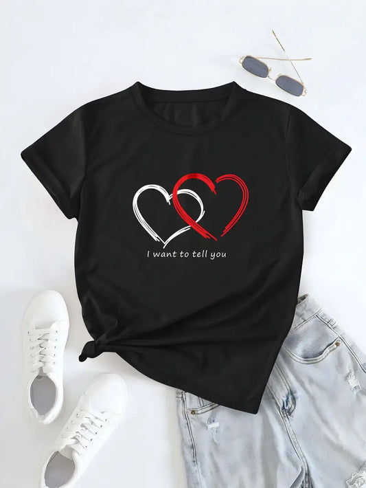 Heart & Letter Print T-shirt, Short Sleeve Crew Neck Casual Top For Summer & Spring, Women's Clothing