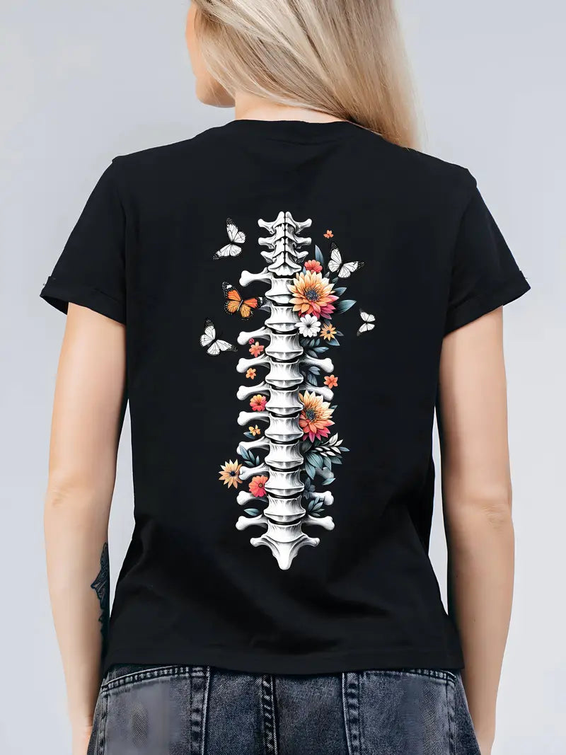 Floral & Skull Print T-shirt, Short Sleeve Crew Neck Casual Top For Summer & Spring, Women's Clothing