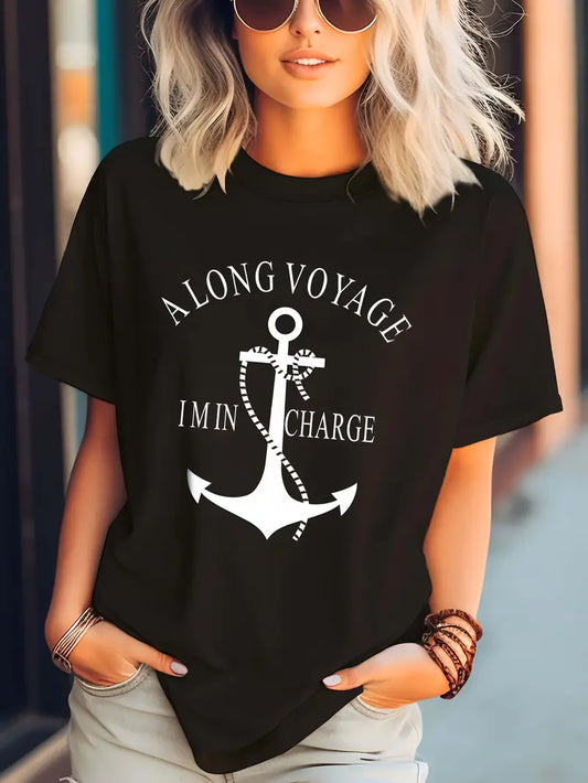Anchor & Letter Print T-shirt, Short Sleeve Crew Neck Casual Top For Summer & Spring, Women's Clothing