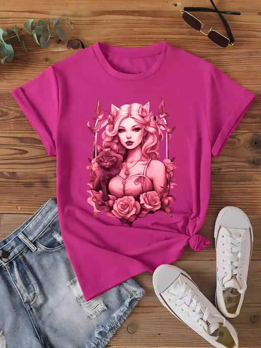 Portrait & Floral Print T-shirt, Short Sleeve Crew Neck Casual Top For Summer & Spring, Women's Clothing