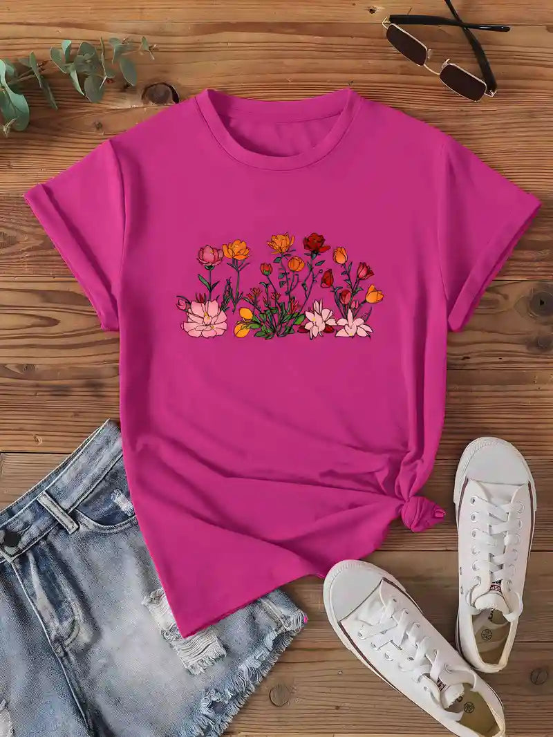 Floral Print T-shirt, Casual Crew Neck Short Sleeve Top For Spring & Summer, Women's Clothing